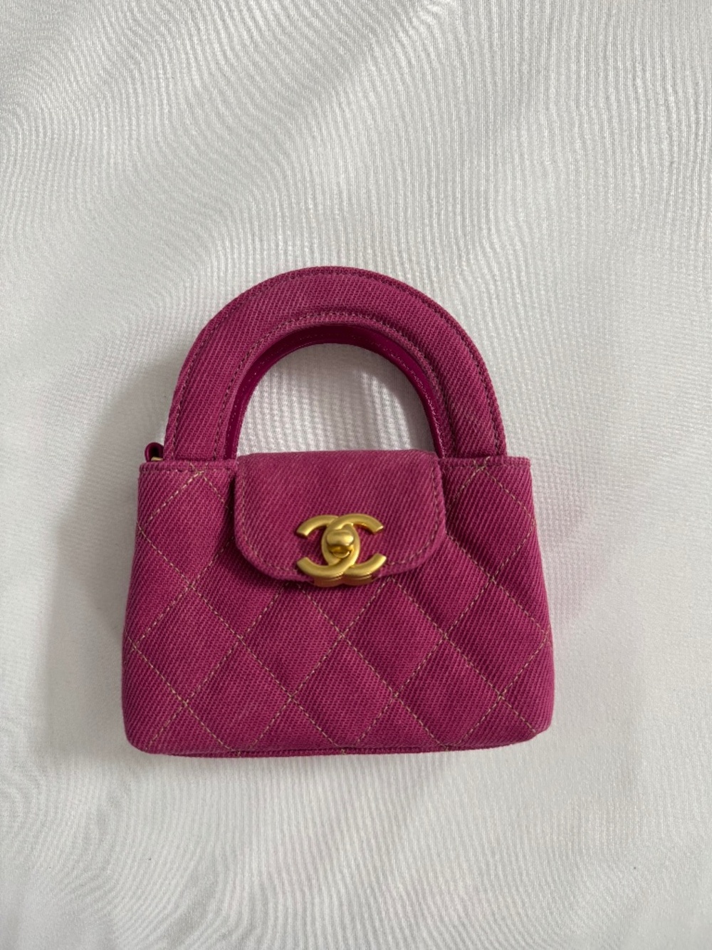 Chanel Fuchsia Denim Nano Kelly with Gold Hardware